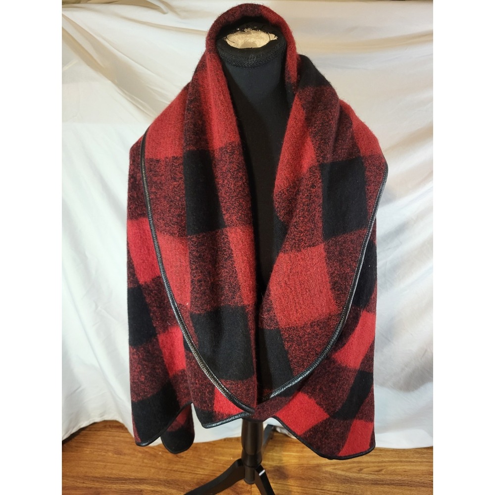 Roots Canada Red Black Buffalo Plaid Wool Blend Leather Vest Cardigan